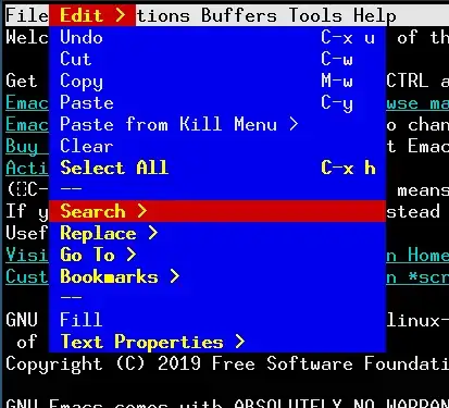 Emacs "Edit" menu with the "Search" item highlighted