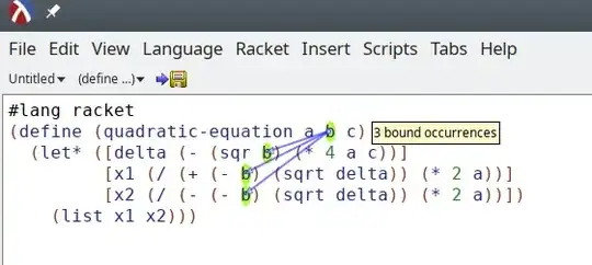 Screencap of Dr Racket showing a definition of the quadratic equation with arrows pointing from the definition of b to its occurrences within the scope
