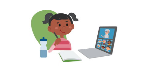 Illustration of a little girl distance learning on her computer. On her computer screen are a teach and several classmates. She is ready to write in her notebook.
