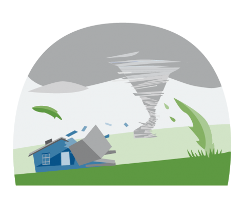 Illustration of a tornado funnel moving away after damaging a house.