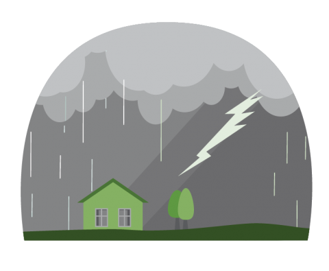 Illustration of a house in the rain, with lightning striking nearby.