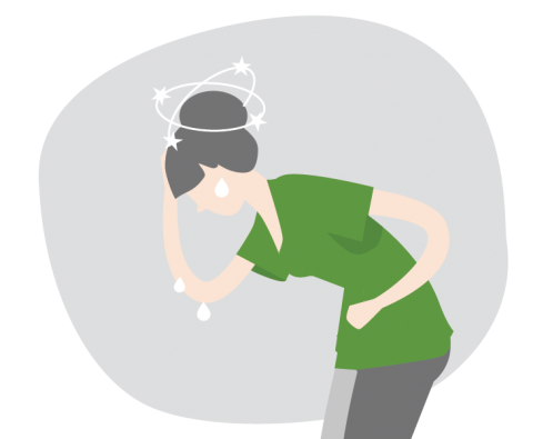 Illustration of a sweating woman holding her stomach and her dizzy head.