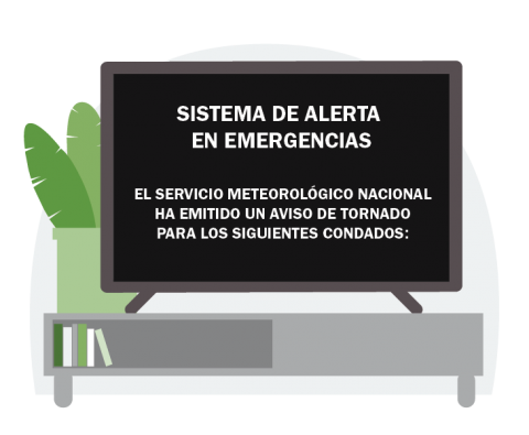 Un televisor muestra el mensaje: Sistema de alerta de emergencia El Servicio Meteorológico Nacional ha emitido una advertencia de tornado para los siguientes condados: