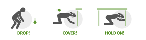 Illustration of a person dropping to the ground, covering their head with their hands, and crawling under a table and holding on to it.