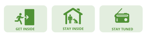 Graphic illustrations show a person running indoors, staying indoors with their dog, and a picture of a radio. Text reads get inside, stay inside, stay tuned.