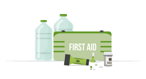 First aid kit with medication, flashlight and water.