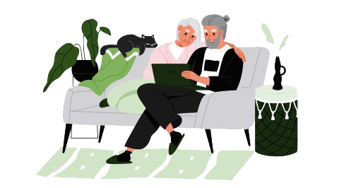 an older couple sit on the couch looking at a tablet, while their cat lays next to them.