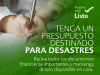 mano de mujer escribiendo un presupuesto familiar. El texto dice: Tenga un presupuesto destinado para desastres. Reuna todos los documentos financieros importantes y mantenga dinero disponible en casa. Resolver estar listo.
