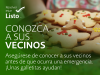 El hombre del pan de jengibre formó galletas en un plato. El texto dice: Conozca a sus vecinos. Asegúrese de conocer a sus vecinos antes de que ocurra una emergencia. ¡Unas galletitas ayudan! Resolver estar listo.