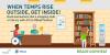 Graphic image shows people at a library. When temps rise outside, get inside! Head somewhere like a shopping mall or library with A/C to #BeatTheHeat. Ready.gov/heat