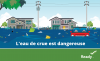 rising flood waters with submerged cars and other debris
